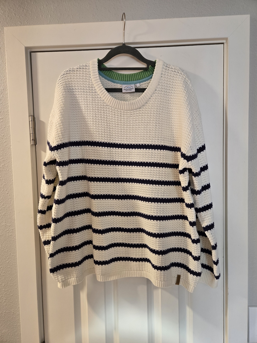 Women's Crewneck Striped Sweater - White with Navy Stripes